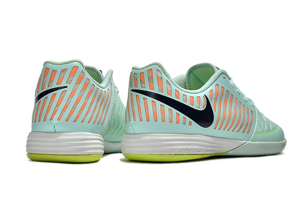 Tenis de Fútbol Nike Lunar Gato II - Turquesa / Menta, Patrón Naranja en el Talón, Swoosh Negro y Suela Multicolor (Verde Lima y Turquesa) (Césped Interior / Futsal)