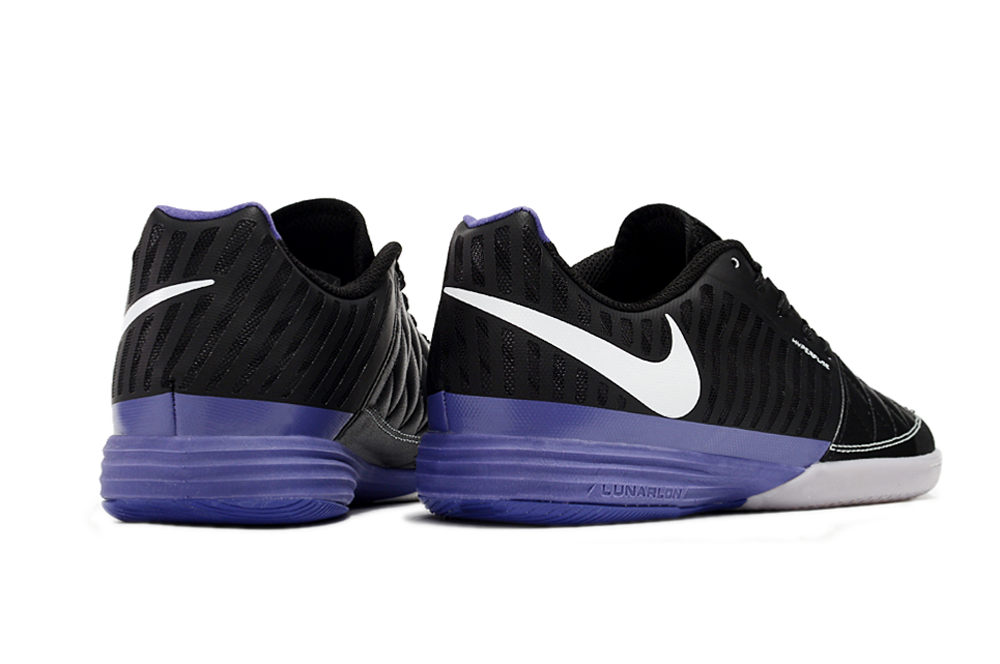Tenis de Fútbol Nike Lunar Gato II - Negro y Morado con Swoosh Blanco y Suela Morada (Césped Interior / Futsal)