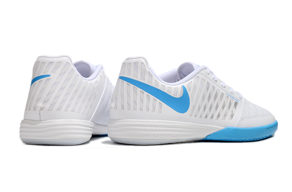 Tenis de Fútbol Nike Lunar Gato II - Blanco y Azul con Swoosh Azul y Suela Azul y Blanca (Césped Interior / Futsal)