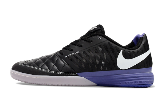 Tenis de Fútbol Nike Lunar Gato II - Negro y Morado con Swoosh Blanco y Suela Morada (Césped Interior / Futsal)