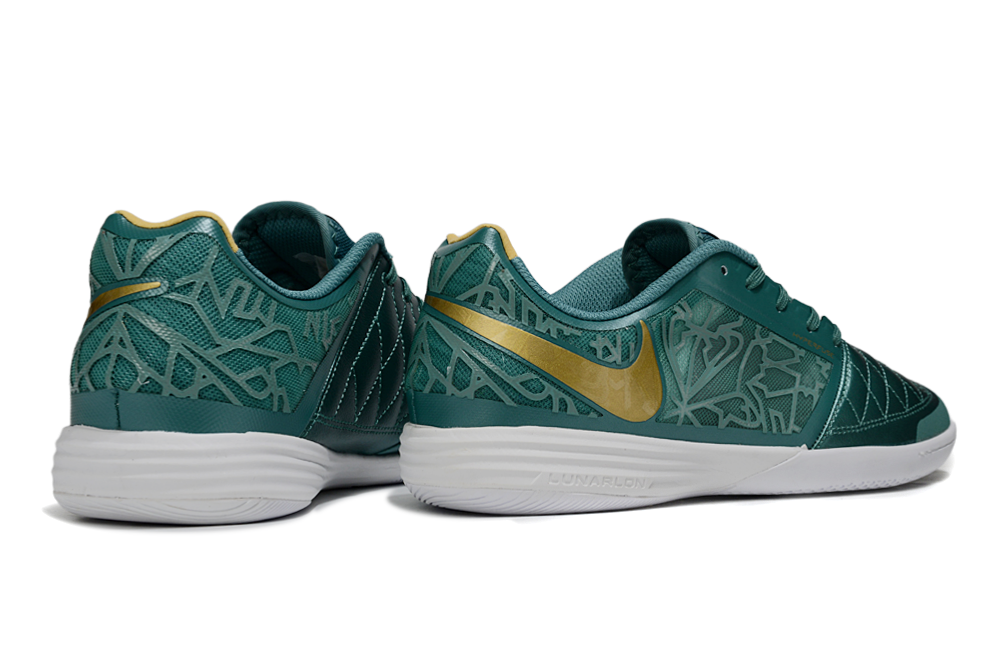 Tenis de Fútbol Nike Lunar Gato II - Verde Oscuro con Patrón Gráfico, Swoosh Dorado y Suela Blanca (Césped Interior / Futsal)
