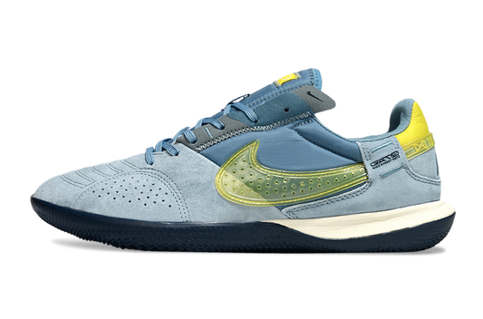 Tenis de Fútbol Nike Street Gato - Azul Grisáceo / Celeste, Swoosh y Detalle en el Talón Amarillos, con Suela Oscura (Césped Interior / Futsal)
