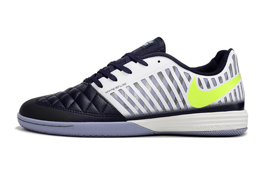 Tenis de Fútbol Nike Lunar Gato II - Blanco y Azul Marino con Swoosh Verde Lima y Suela Gris (Césped Interior / Futsal)
