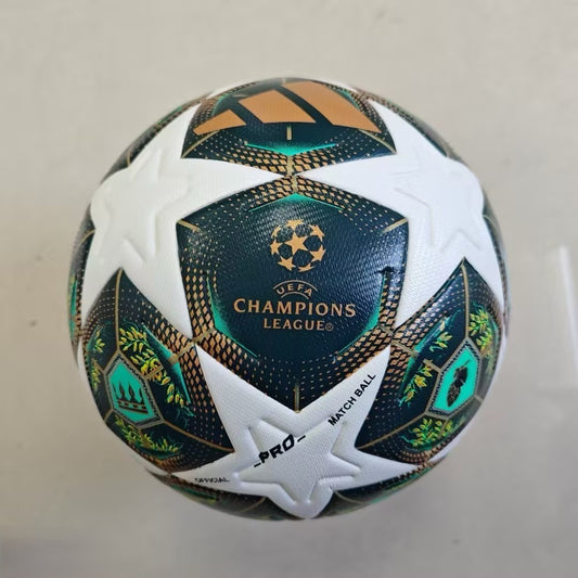 Balón Adidas UEFA Champions League Munich 25 Final (Blanco, Negro, Dorado y Verde Menta)