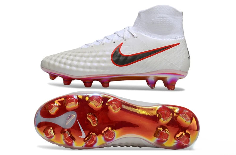 Tacos de Fútbol Nike Magista Obra II Elite FG - Blanco, Negro y Rojo Iridiscente (Césped Natural)