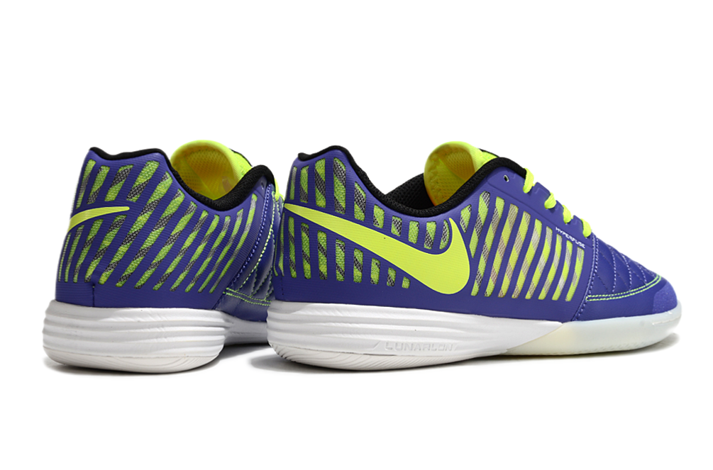 Tenis de Fútbol Nike Lunar Gato II - Morado, Swoosh y Cordones Verde Neón y Suela Translúcida (Césped Interior / Futsal)