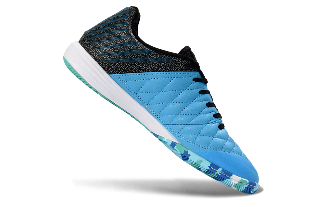 Tenis de Fútbol Nike Lunar Gato II - Negro, Celeste, Swoosh Plateado y Suela con Patrón Estampado Multicolor (Azul, Verde y Blanco) (Césped Interior / Futsal)
