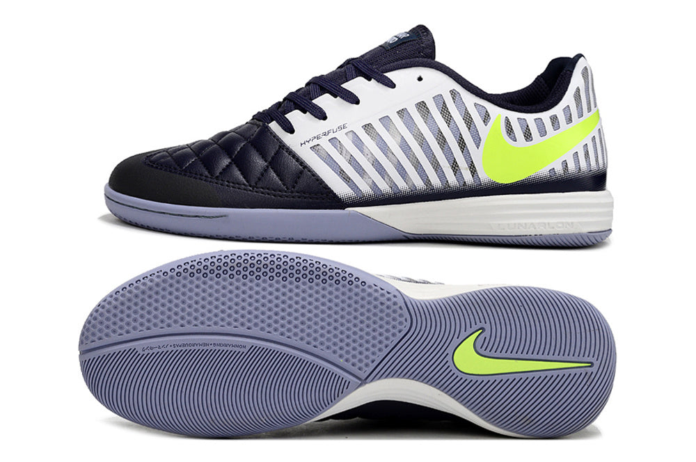 Tenis de Fútbol Nike Lunar Gato II - Blanco y Azul Marino con Swoosh Verde Lima y Suela Gris (Césped Interior / Futsal)