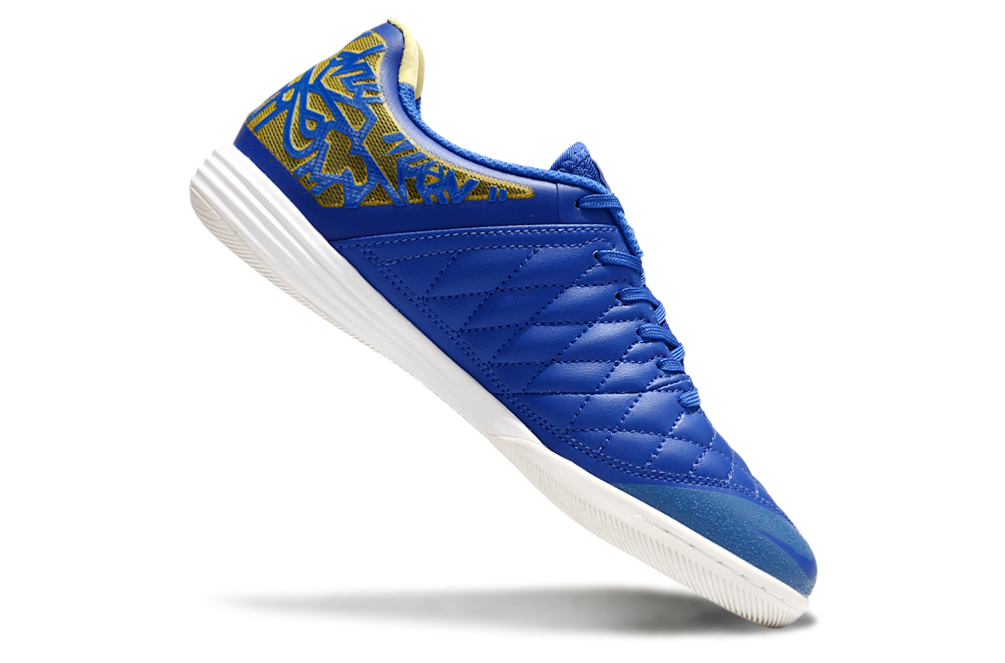 Tenis de Fútbol Nike Lunar Gato II - Azul con Patrón Gráfico y Swoosh Naranja y Suela Blanca (Césped Interior / Futsal)