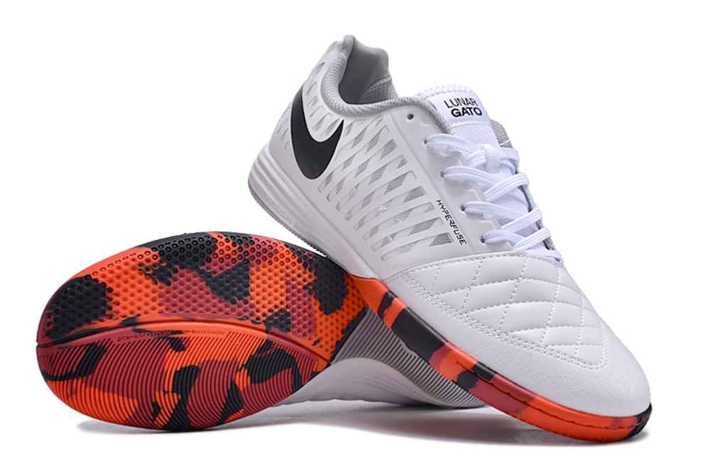 Tenis de Fútbol Nike Lunar Gato II - Blanco, Swoosh Negro y Suela con Patrón Estampado de Camuflaje / Mármol (Rojo, Negro y Blanco) (Césped Interior / Futsal)