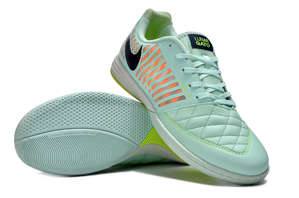 Tenis de Fútbol Nike Lunar Gato II - Turquesa / Menta, Patrón Naranja en el Talón, Swoosh Negro y Suela Multicolor (Verde Lima y Turquesa) (Césped Interior / Futsal)