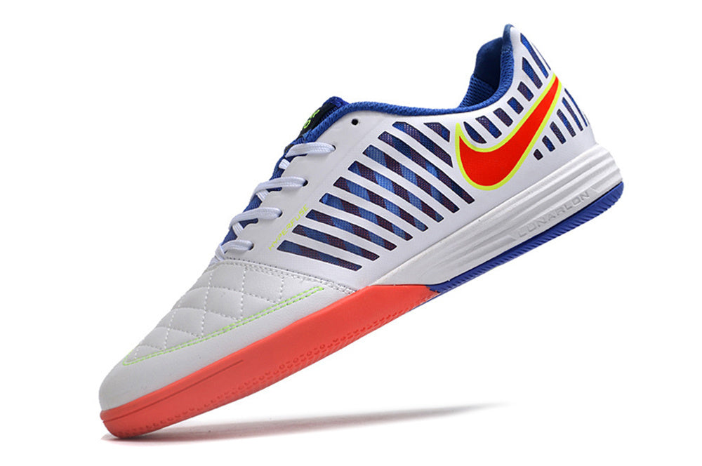 Tenis de Fútbol Nike Lunar Gato II - Blanco, Azul, Swoosh Rojo con Borde Amarillo y Suela Multicolor (Césped Interior / Futsal)