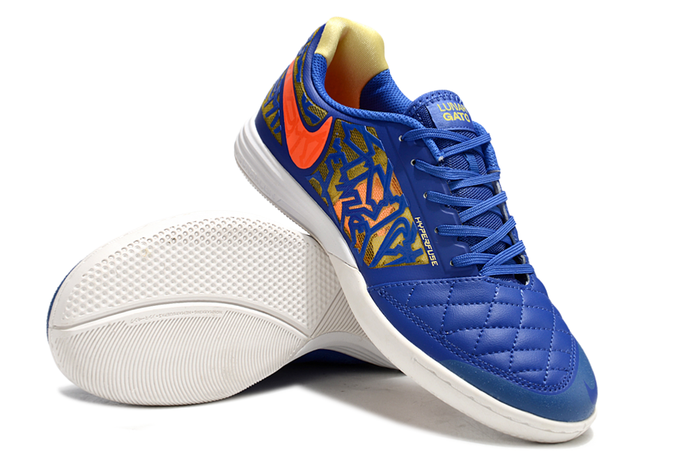 Tenis de Fútbol Nike Lunar Gato II - Azul con Patrón Gráfico y Swoosh Naranja y Suela Blanca (Césped Interior / Futsal)