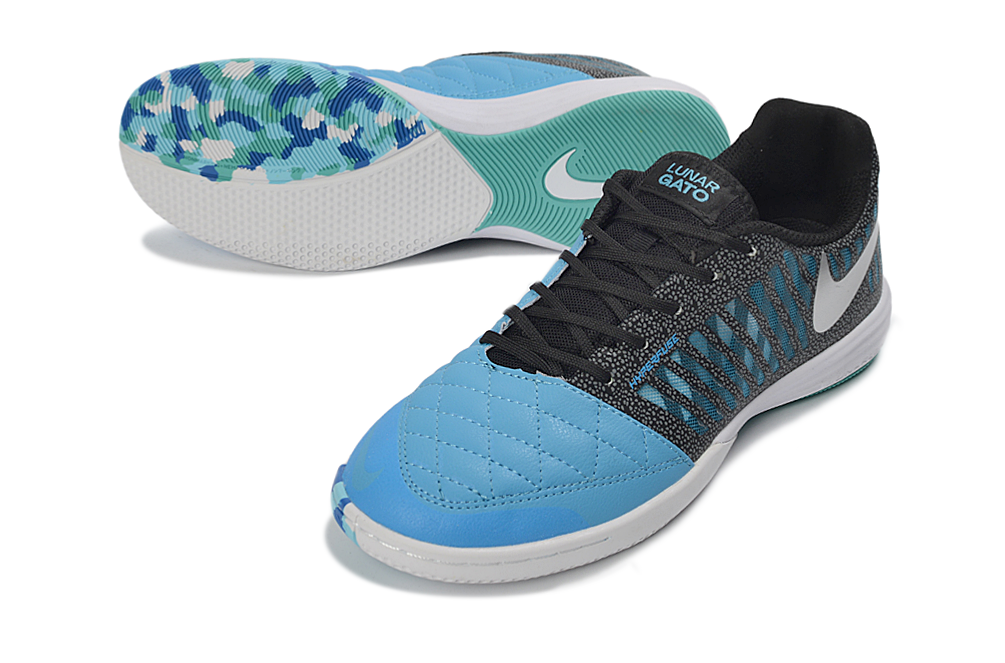Tenis de Fútbol Nike Lunar Gato II - Negro, Celeste, Swoosh Plateado y Suela con Patrón Estampado Multicolor (Azul, Verde y Blanco) (Césped Interior / Futsal)