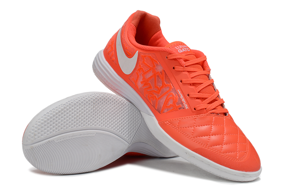 Tenis de Fútbol Nike Lunar Gato II - Naranja con Patrón Gráfico, Swoosh Blanco y Suela Blanca (Césped Interior / Futsal)