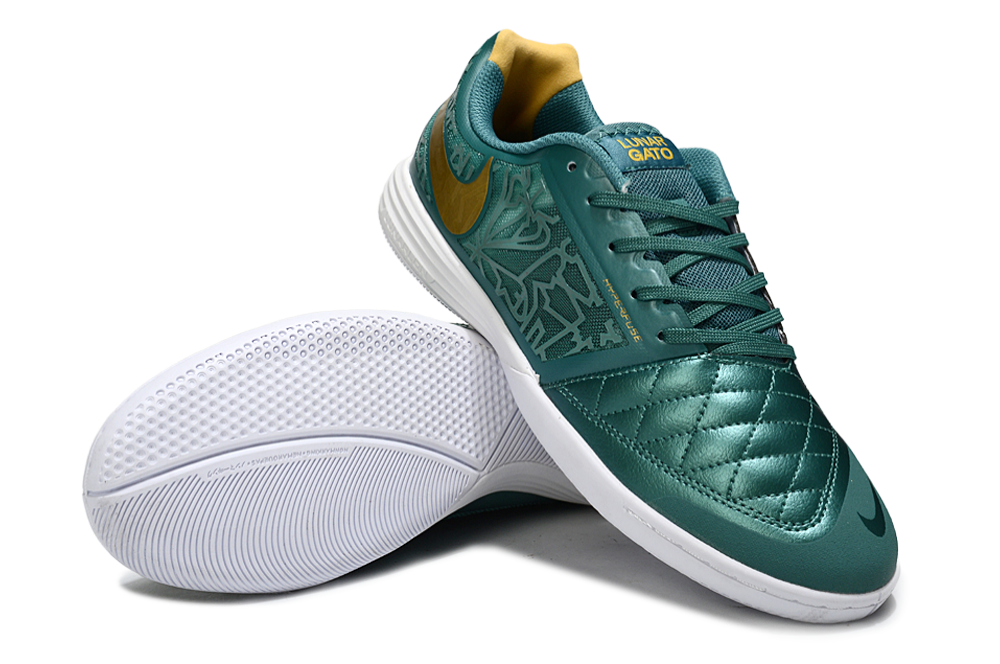Tenis de Fútbol Nike Lunar Gato II - Verde Oscuro con Patrón Gráfico, Swoosh Dorado y Suela Blanca (Césped Interior / Futsal)