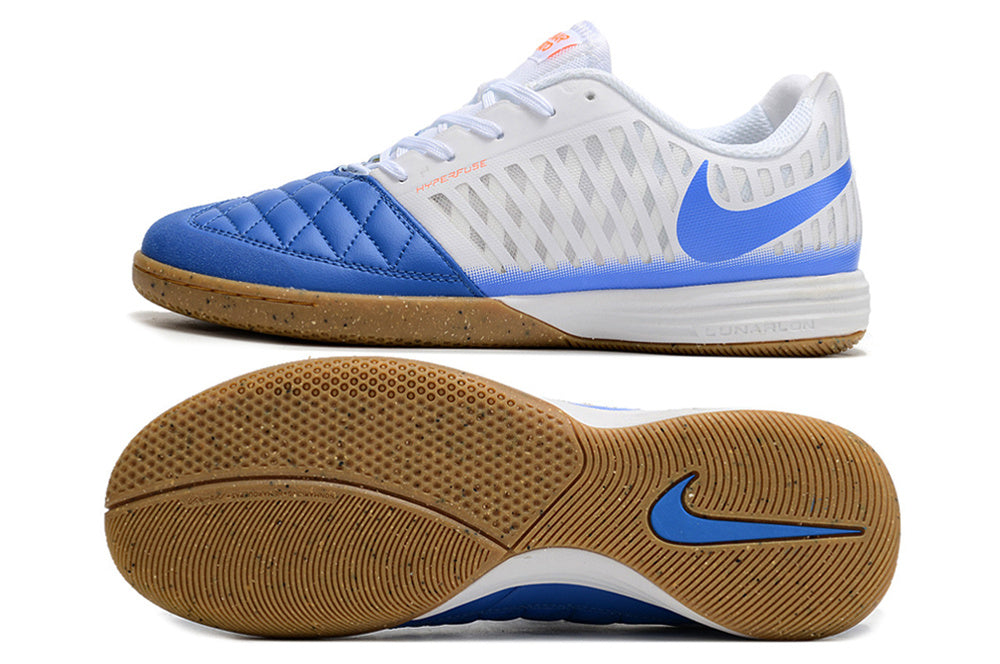 Tenis de Fútbol Nike Lunar Gato II - Blanco y Azul con Swoosh Azul y Suela de Hule (Césped Interior / Futsal)
