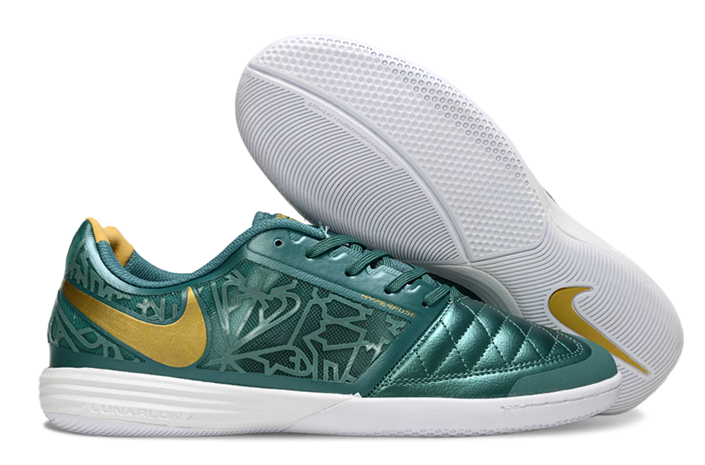 Tenis de Fútbol Nike Lunar Gato II - Verde Oscuro con Patrón Gráfico, Swoosh Dorado y Suela Blanca (Césped Interior / Futsal)