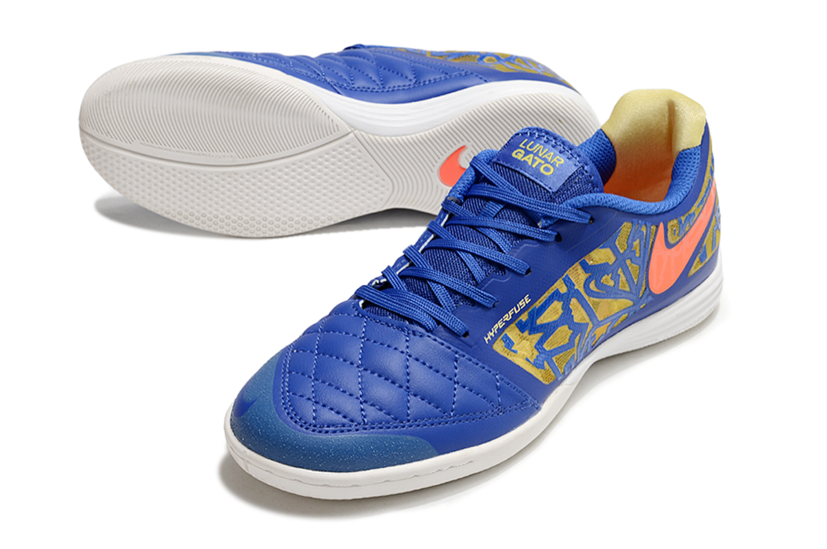 Tenis de Fútbol Nike Lunar Gato II - Azul con Patrón Gráfico y Swoosh Naranja y Suela Blanca (Césped Interior / Futsal)
