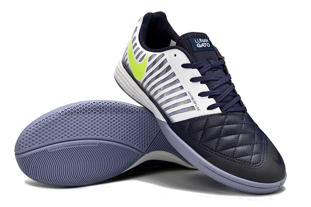 Tenis de Fútbol Nike Lunar Gato II - Blanco y Azul Marino con Swoosh Verde Lima y Suela Gris (Césped Interior / Futsal)