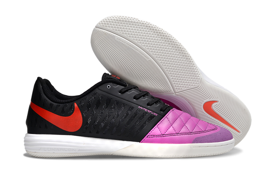 Tenis de Fútbol Nike Lunar Gato II - Negro y Fucsia con Swoosh Rojo y Suela Blanca (Césped Interior / Futsal)