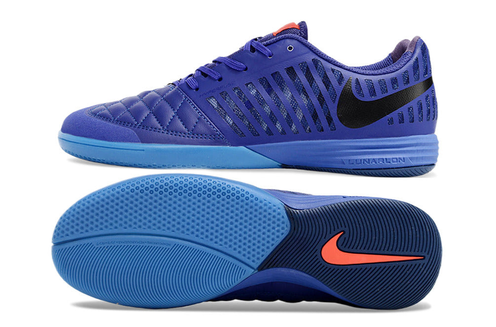 Tenis de Fútbol Nike Lunar Gato II - Morado y Azul con Swoosh Negro y Suela Azul (Césped Interior / Futsal)
