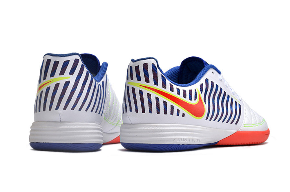 Tenis de Fútbol Nike Lunar Gato II - Blanco, Azul, Swoosh Rojo con Borde Amarillo y Suela Multicolor (Césped Interior / Futsal)