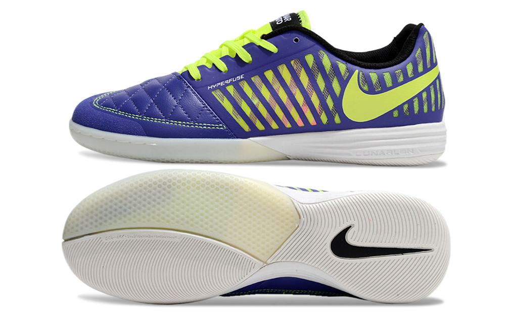 Tenis de Fútbol Nike Lunar Gato II - Morado, Swoosh y Cordones Verde Neón y Suela Translúcida (Césped Interior / Futsal)