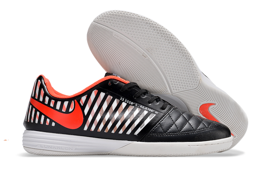 Tenis de Fútbol Nike Lunar Gato II - Negro y Blanco con Swoosh Naranja y Suela Blanca (Césped Interior / Futsal)