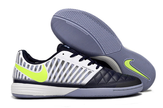 Tenis de Fútbol Nike Lunar Gato II - Blanco y Azul Marino con Swoosh Verde Lima y Suela Gris (Césped Interior / Futsal)
