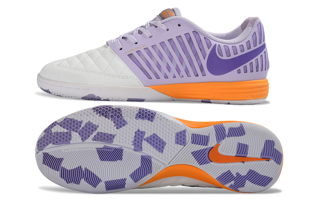 Tenis de Fútbol Nike Lunar Gato II - Lila / Morado Claro, Blanco, Entresuela Naranja y Suela con Patrón Estampado Morado y Blanco (Césped Interior / Futsal)