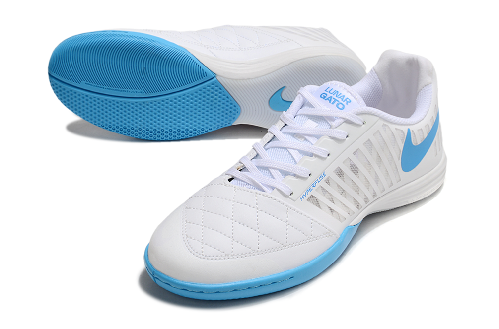 Tenis de Fútbol Nike Lunar Gato II - Blanco y Azul con Swoosh Azul y Suela Azul y Blanca (Césped Interior / Futsal)