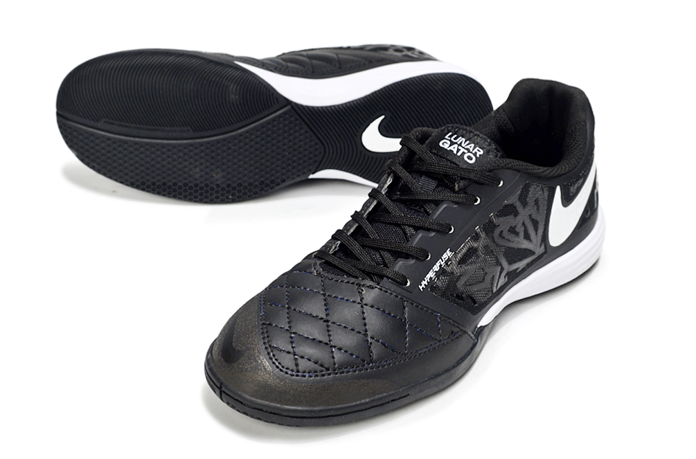 Tenis de Fútbol Nike Lunar Gato II - Negro con Patrón Gráfico, Swoosh Blanco y Suela Negra y Blanca (Césped Interior / Futsal)