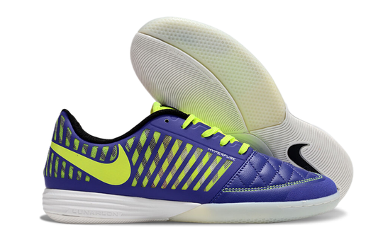 Tenis de Fútbol Nike Lunar Gato II - Morado, Swoosh y Cordones Verde Neón y Suela Translúcida (Césped Interior / Futsal)