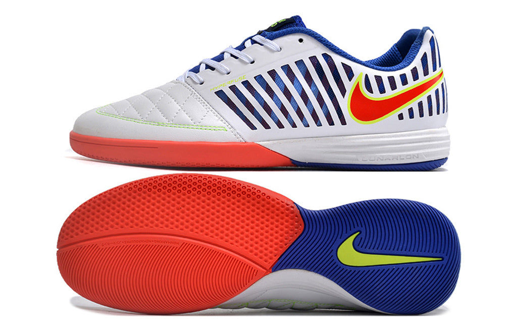 Tenis de Fútbol Nike Lunar Gato II - Blanco, Azul, Swoosh Rojo con Borde Amarillo y Suela Multicolor (Césped Interior / Futsal)