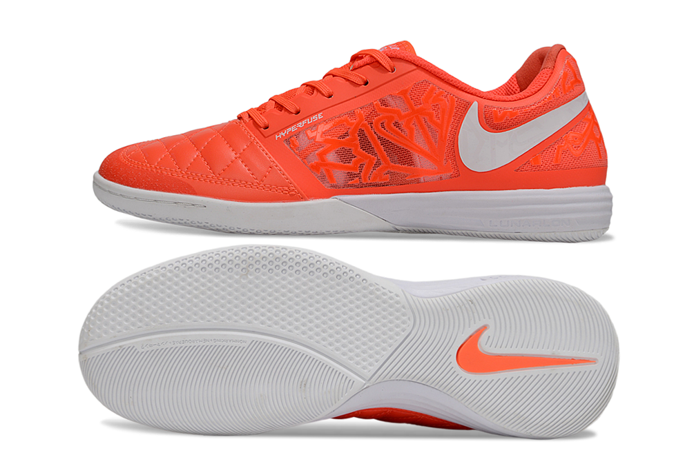Tenis de Fútbol Nike Lunar Gato II - Naranja con Patrón Gráfico, Swoosh Blanco y Suela Blanca (Césped Interior / Futsal)