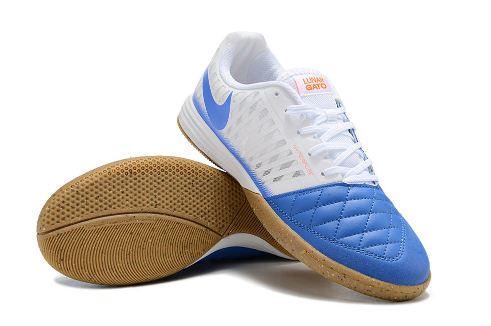 Tenis de Fútbol Nike Lunar Gato II - Blanco y Azul con Swoosh Azul y Suela de Hule (Césped Interior / Futsal)