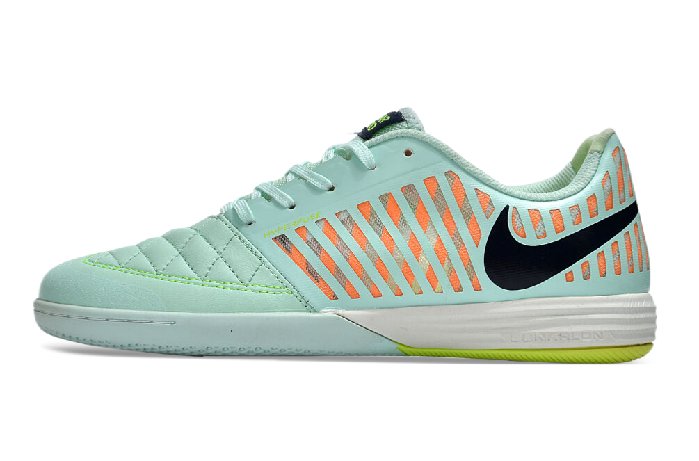 Tenis de Fútbol Nike Lunar Gato II - Turquesa / Menta, Patrón Naranja en el Talón, Swoosh Negro y Suela Multicolor (Verde Lima y Turquesa) (Césped Interior / Futsal)