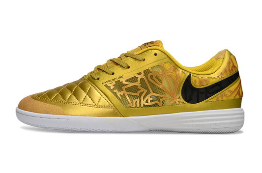 Tenis de Fútbol Nike Lunar Gato II - Dorado con Patrón Gráfico, Swoosh Negro y Suela Blanca (Césped Interior / Futsal)