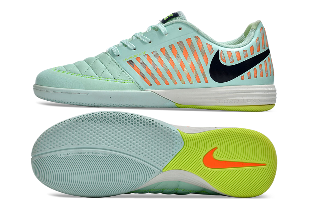 Tenis de Fútbol Nike Lunar Gato II - Turquesa / Menta, Patrón Naranja en el Talón, Swoosh Negro y Suela Multicolor (Verde Lima y Turquesa) (Césped Interior / Futsal)