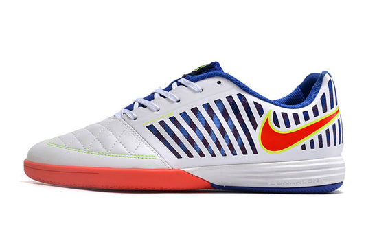 Tenis de Fútbol Nike Lunar Gato II - Blanco, Azul, Swoosh Rojo con Borde Amarillo y Suela Multicolor (Césped Interior / Futsal)