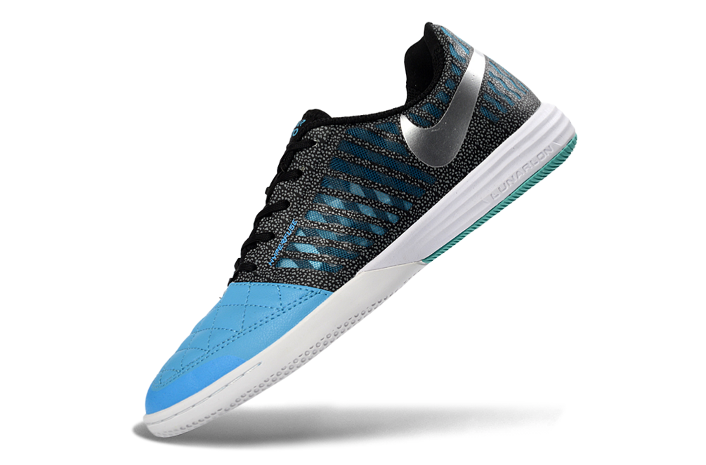 Tenis de Fútbol Nike Lunar Gato II - Negro, Celeste, Swoosh Plateado y Suela con Patrón Estampado Multicolor (Azul, Verde y Blanco) (Césped Interior / Futsal)