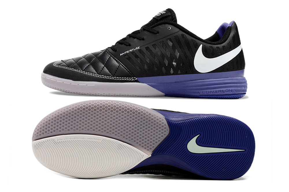 Tenis de Fútbol Nike Lunar Gato II - Negro y Morado con Swoosh Blanco y Suela Morada (Césped Interior / Futsal)