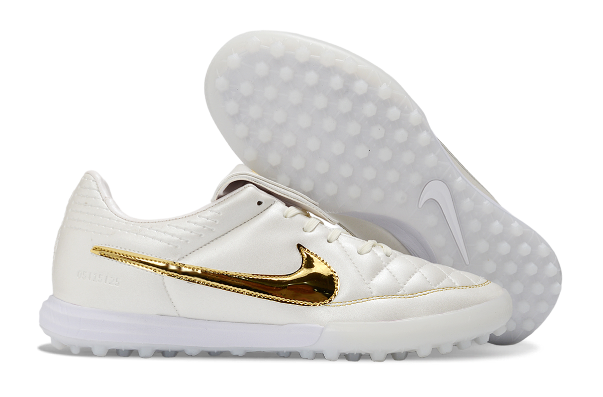 Tenis de Fútbol Nike Premier 3 TF - Blanco y Dorado Metálico (Sintético / Turf)
