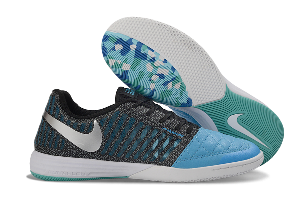 Tenis de Fútbol Nike Lunar Gato II - Negro, Celeste, Swoosh Plateado y Suela con Patrón Estampado Multicolor (Azul, Verde y Blanco) (Césped Interior / Futsal)