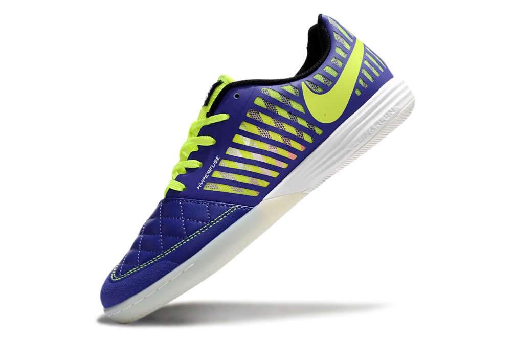 Tenis de Fútbol Nike Lunar Gato II - Morado, Swoosh y Cordones Verde Neón y Suela Translúcida (Césped Interior / Futsal)