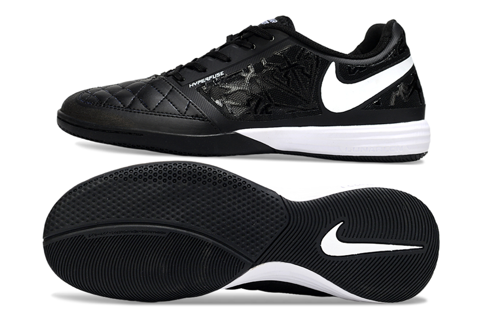 Tenis de Fútbol Nike Lunar Gato II - Negro con Patrón Gráfico, Swoosh Blanco y Suela Negra y Blanca (Césped Interior / Futsal)