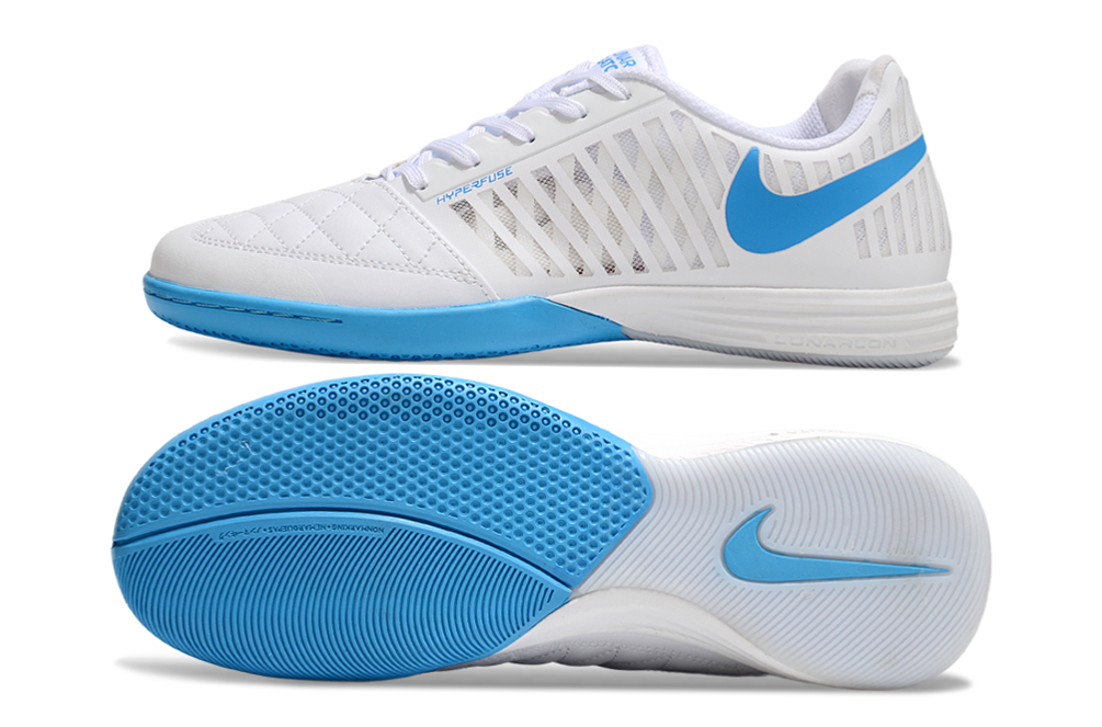 Tenis de Fútbol Nike Lunar Gato II - Blanco y Azul con Swoosh Azul y Suela Azul y Blanca (Césped Interior / Futsal)