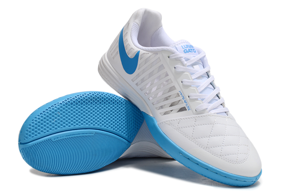 Tenis de Fútbol Nike Lunar Gato II - Blanco y Azul con Swoosh Azul y Suela Azul y Blanca (Césped Interior / Futsal)
