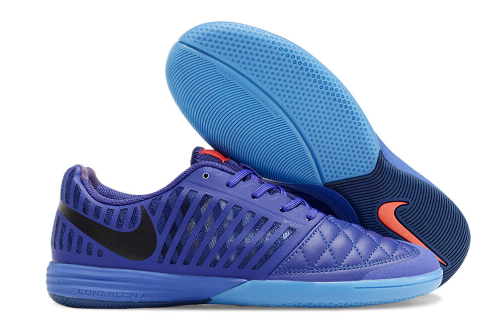 Tenis de Fútbol Nike Lunar Gato II - Morado y Azul con Swoosh Negro y Suela Azul (Césped Interior / Futsal)